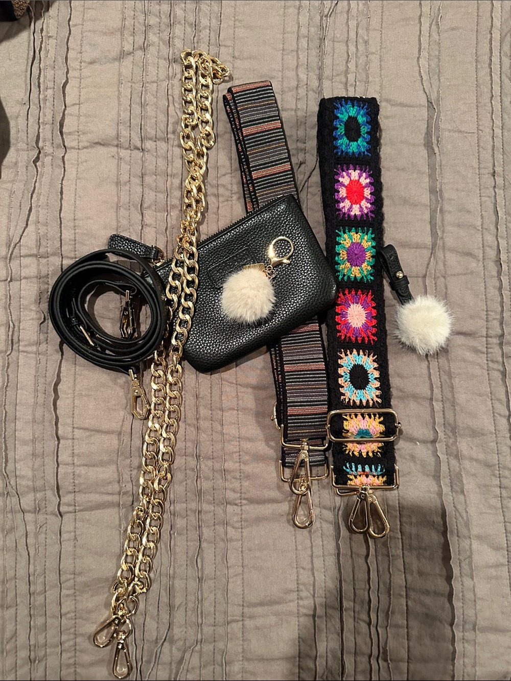 Pom Pom London accessories. Pouch, straps, Pom poms